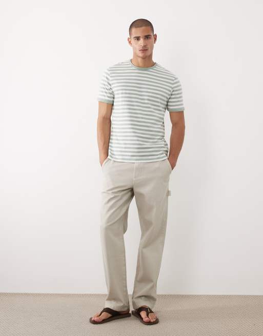 Threadbare - Gestreept T-shirt met ronde hals en gekleurde randjes in saliegroen en wit, 4 van 5