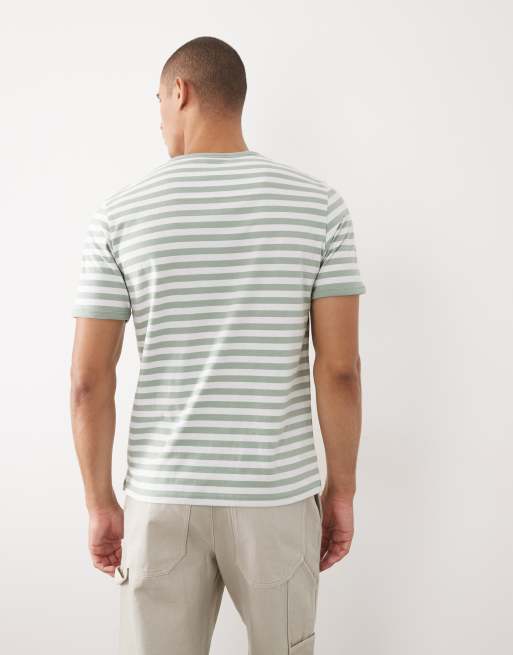 Threadbare - Gestreept T-shirt met ronde hals en gekleurde randjes in saliegroen en wit, 5 van 5
