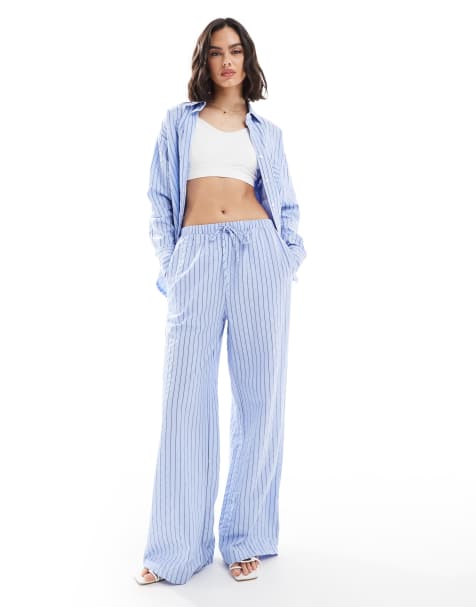 Threadbare - Gestreepte broek met rechte pijpen en trekkoord in blauw, deel van co-ord set - view 1