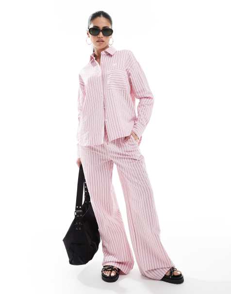 Threadbare - Gestreepte broek met rechte pijpen en trekkoord in roze, deel van co-ord set - view 1