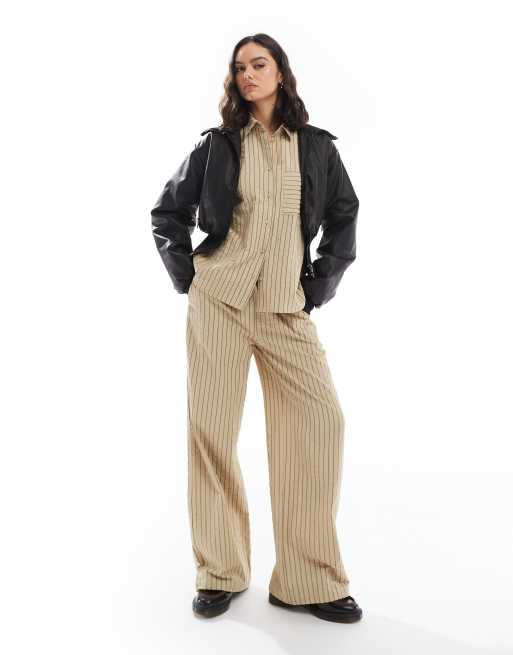 Threadbare - Gestreepte co-ord set met broek en overhemd in ecru