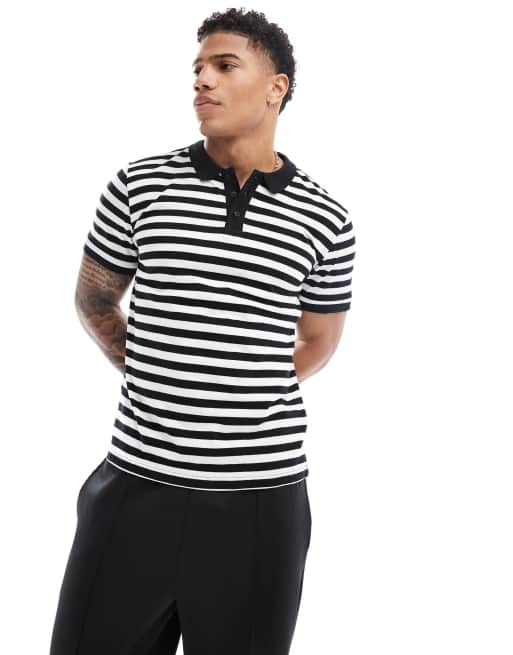 Threadbare - Gestreepte polo met textuur in zwart