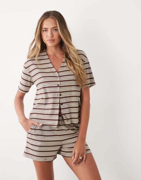 Threadbare - Gestreepte top van geribbelde jersey met korte mouwen in bruin en ecru, deel van co-ord set - view 1