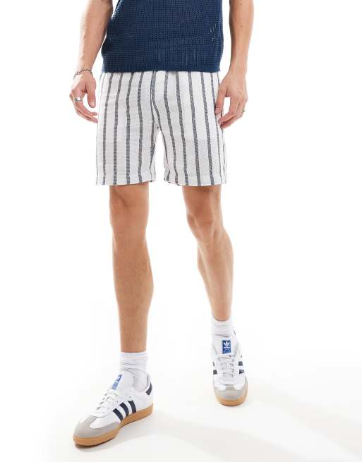 Threadbare – Gestreifte Shorts in Stein und Blau mit elastischem Taillenbund
