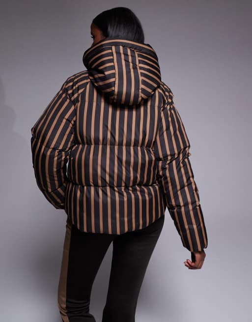 Threadbare – Gestreifte Skijacke in Braun und Kamel mit Steppnähten und Kapuze, 3 von 4