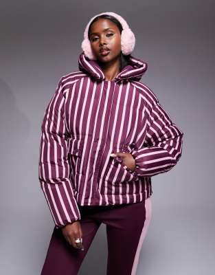 Threadbare - Gestreifte Skijacke in Burgunderrot und Rosa mit Steppnähten und Kapuze