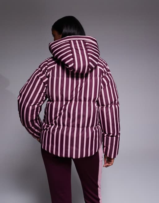 Threadbare – Gestreifte Skijacke in Burgunderrot und Rosa mit Steppnähten und Kapuze, 2 von 4