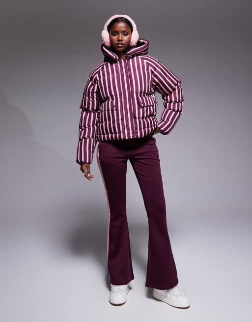 Threadbare – Gestreifte Skijacke in Burgunderrot und Rosa mit Steppnähten und Kapuze, 3 von 4