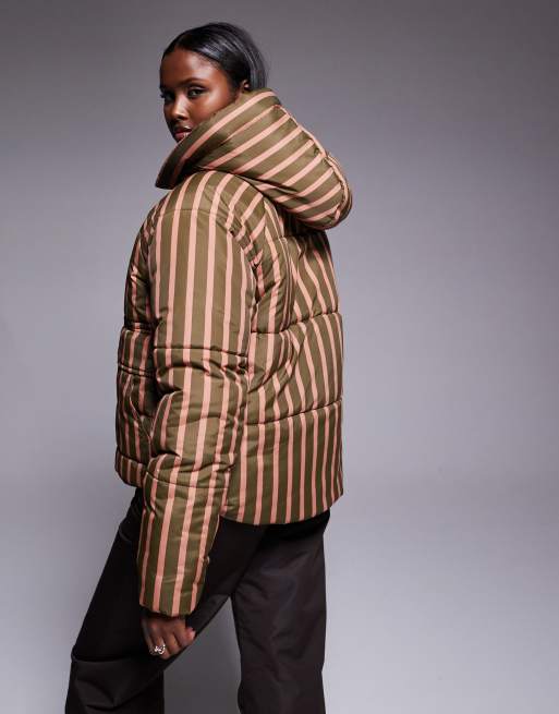 Threadbare – Gestreifte Skijacke in Grün und Rosa mit Steppnähten und Kapuze, 2 von 4