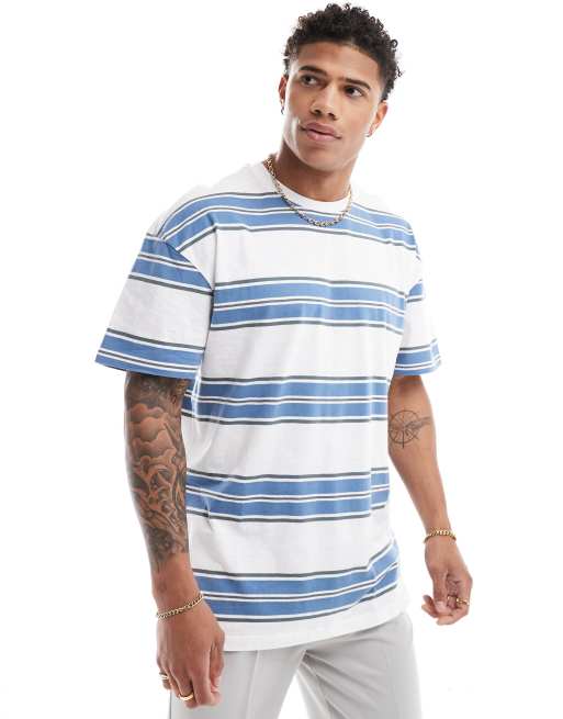 Threadbare – Gestreiftes Oversize-T-Shirt in Weiß und Blau