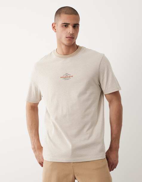 Threadbare – Gestreiftes Ringer-T-Shirt in Steinbeige und Ecru mit Grafikprint - view 1