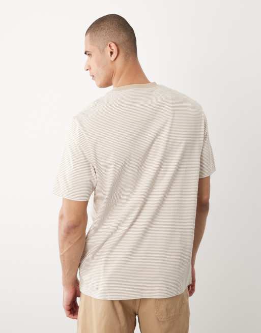 Threadbare – Gestreiftes Ringer-T-Shirt in Steinbeige und Ecru mit Grafikprint, 5 von 5