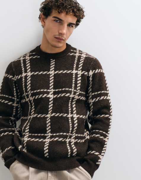 Threadbare gestrickter karierter Pullover mit Rundhalsausschnitt in Schokobraun - view 1