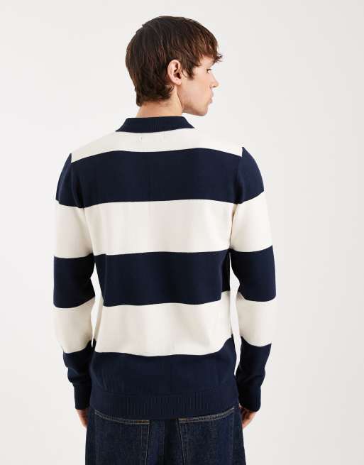 Threadbare – Gestricktes, gestreiftes Rugby-Polohemd in Marineblau und Ecru, 3 von 5