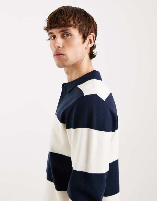 Threadbare – Gestricktes, gestreiftes Rugby-Polohemd in Marineblau und Ecru, 4 von 5
