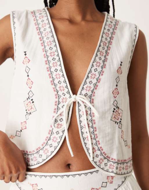 Threadbare – Gewebte Weste aus Baumwolle in Creme mit Stickerei, Kombiteil, 3 von 4