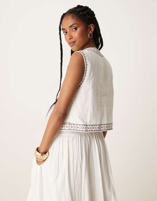 Threadbare – Gewebte Weste aus Baumwolle in Creme mit Stickerei, Kombiteil, 4 von 4