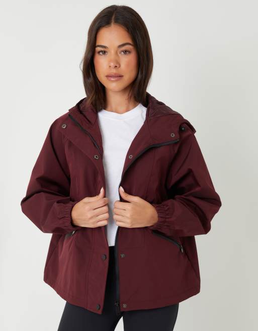 Threadbare - Giacca impermeabile color bordeaux con cappuccio e collo a imbuto