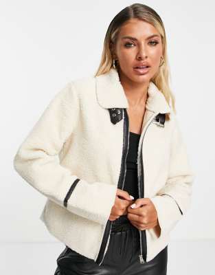 Threadbare - Giacca in pile borg color crema con profili a contrasto