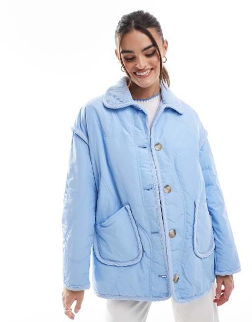 Threadbare - Giacca trapuntata blu con dettagli in velluto a coste 