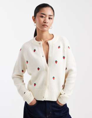 Gilet à surpiqûres contrastantes et fraises brodées sur l'ensemble - Écru-Blanc 38