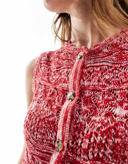 Threadbare - Gilet de tailleur boutonné en maille au crochet - Rouge, 4 de 4