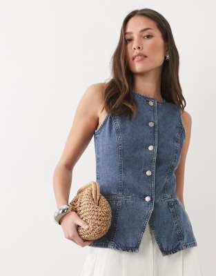 Gilet de tailleur ras de cou en denim - Bleu moyen délavé 40