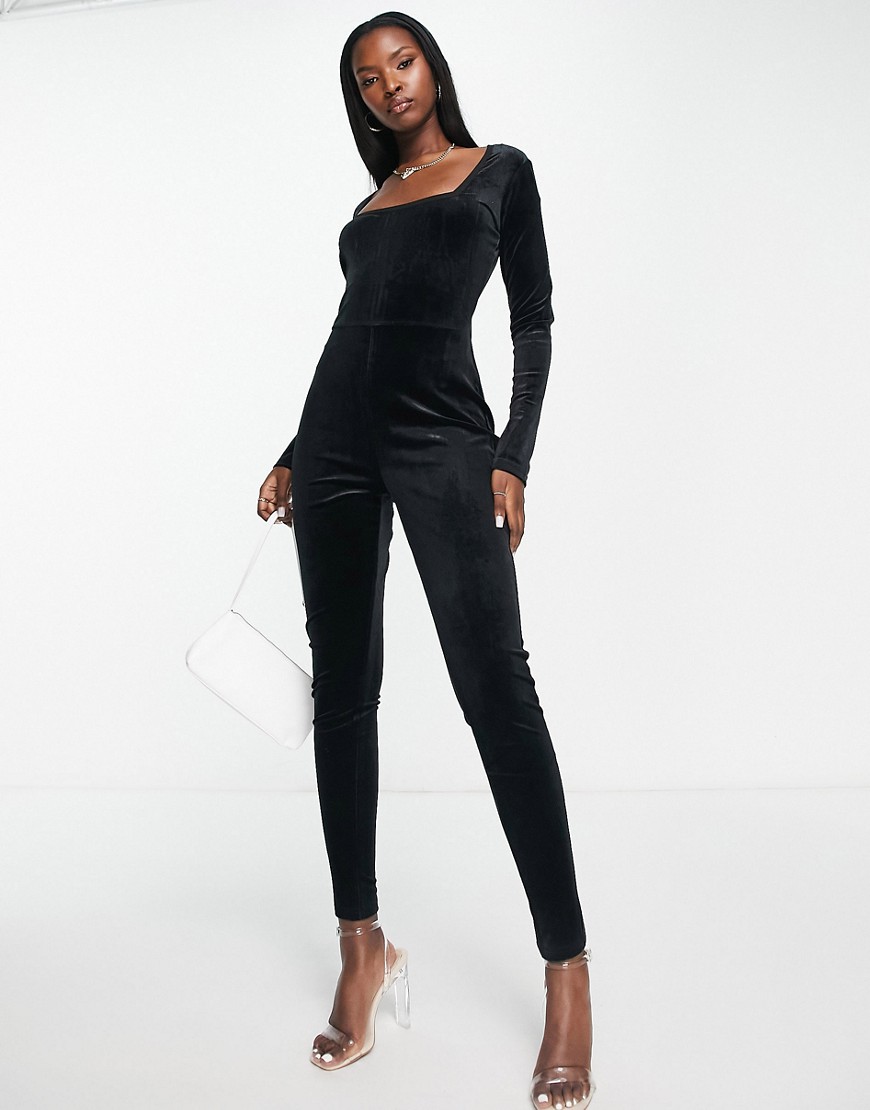Threadbare Gina velour square neck jumpsuit in black