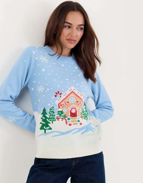 Threadbare Gingerbread house knitted christmas jumper in light blue - view 1