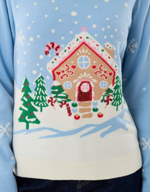 Threadbare Gingerbread house knitted christmas jumper in light blue, 2 of 4