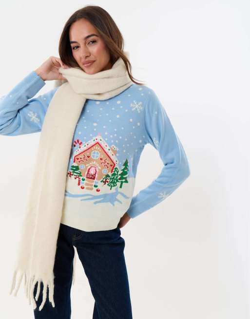 Threadbare Gingerbread house knitted christmas jumper in light blue, 4 of 4