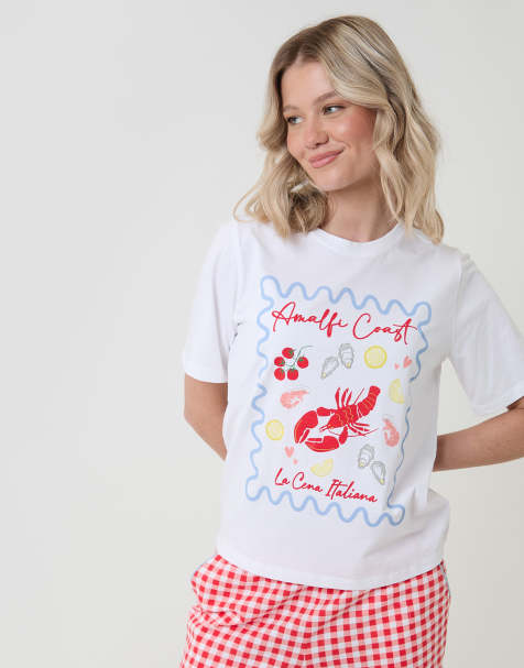 Threadbare Gingham amalfi coast graphic print pyjama set in red - view 1