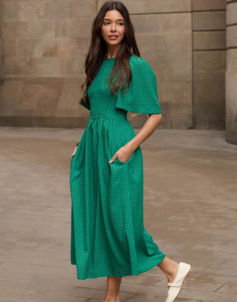 Threadbare Gingham angel sleeve midaxi dress in green - view 1