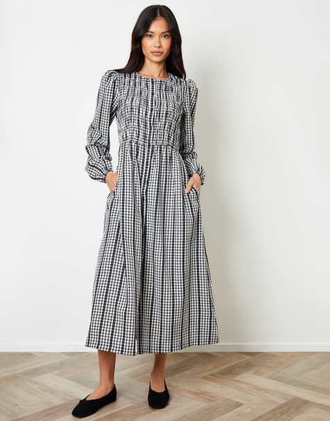Threadbare Gingham check shirred detail midi dress in black