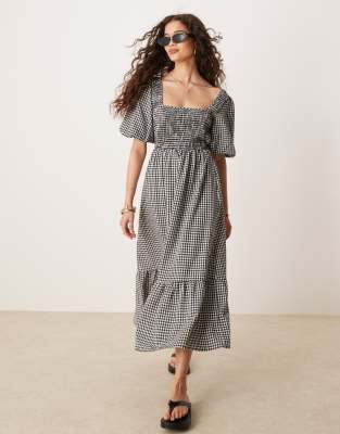 gingham milkmaid midi dress with shirred bust in black and white