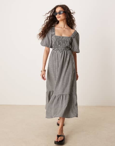 Threadbare gingham milkmaid midi dress with shirred bust in black and white - view 1
