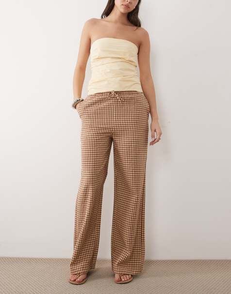 Threadbare gingham pull on trouser in brown and ecru