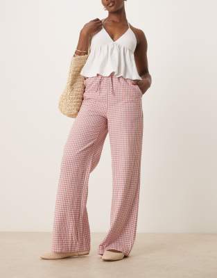 Threadbare Threadbare gingham tie waist wide leg trousers in pink and white