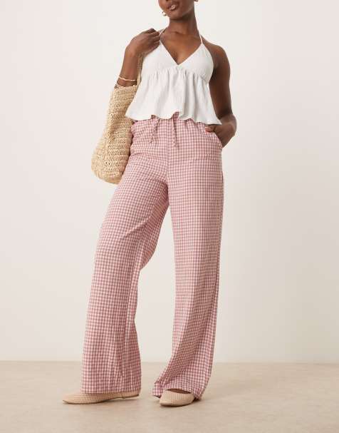 Threadbare gingham tie waist wide leg trousers in pink and white - view 1