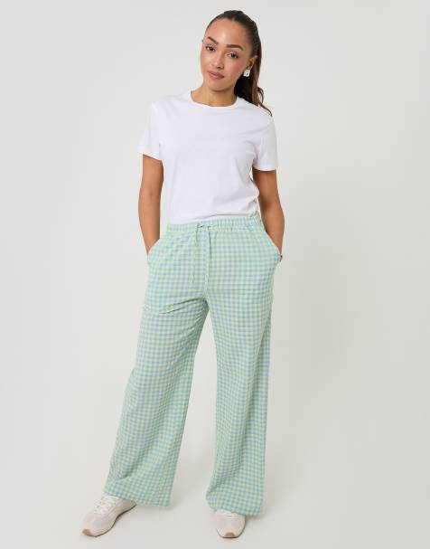 Threadbare Gingham wide leg trousers with pockets in blue