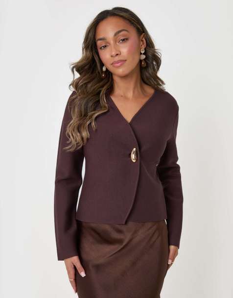 Threadbare Gold button v-neck cardigan in chocolate brown - view 1