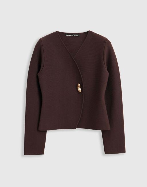 Threadbare Gold button v-neck cardigan in chocolate brown, 5 of 5