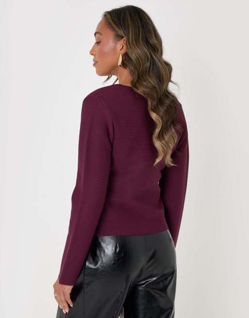 Threadbare Gold button v-neck cardigan in plum, 2 of 4
