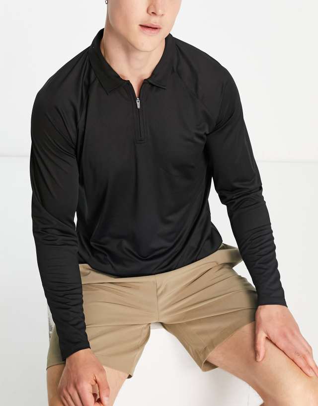 Threadbare Golf long sleeve half zip polo in black