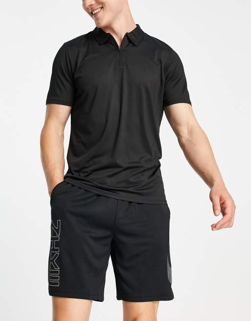 Threadbare Golf – Polohemd in Schwarz mit kurzem Reißverschluss
