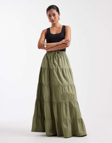 Threadbare - Gonna lunga a balze in popeline verde oliva - view 1