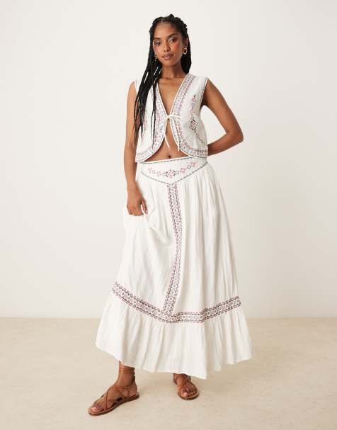 Threadbare - Gonna lunga in misto cotone color crema con ricami in coordinato - view 1
