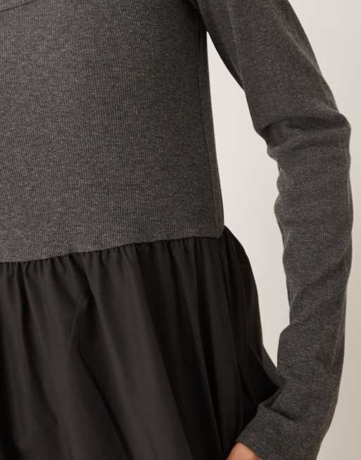 Threadbare - Grå og langærmet midikjole med firkantet hals og sort nederdel i poplin i kontrast, 3 af 4
