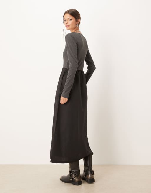 Threadbare - Grå og langærmet midikjole med firkantet hals og sort nederdel i poplin i kontrast, 4 af 4