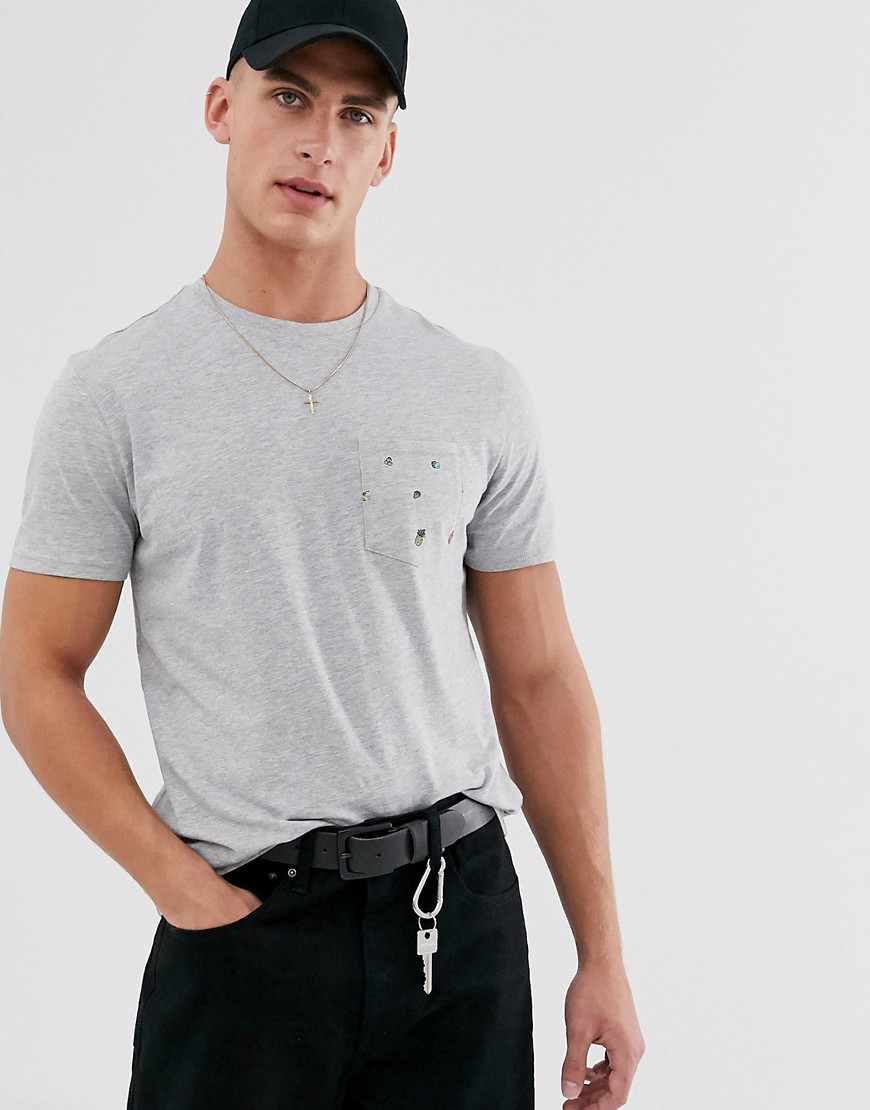 Threadbare – Grå t-shirt med tropiskt mönstrad ficka